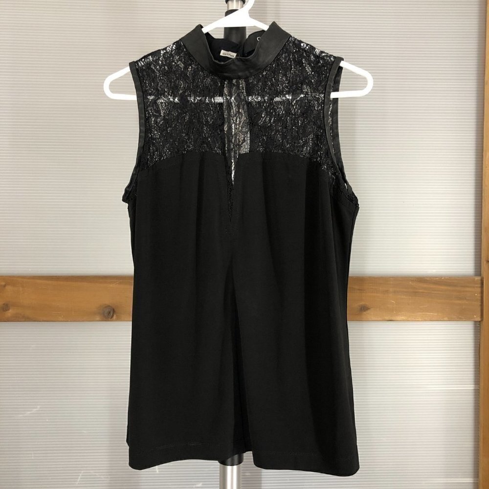 Cut 25 by Yigal Azrouel BlackLeather High Collar‎ Sleeveless Lace Blouse Sz L